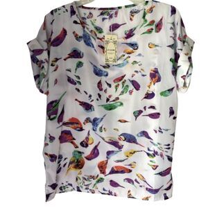 Liv A Girl Woman's Size XXL Cuffed Sleeve LTWT Feathered Friends Bird Silky Top